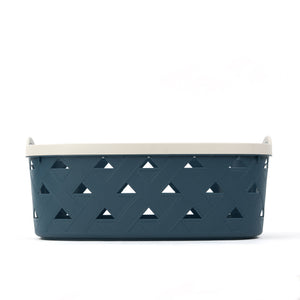Organizing Essentials Extra-Large Plastic Storage Basket with Handles – Blue & Cream Decorative Bin for Bathroom, Living Room, or Laundry – Designer Leather Pattern Organizer Basket, 16.7L