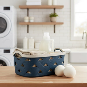 Organizing Essentials Large Plastic Storage Basket with Handles – Blue & Cream Decorative Bin for Bathroom, Kitchen, or Living Room – Designer Leather Pattern Organizer Basket, 10.6L