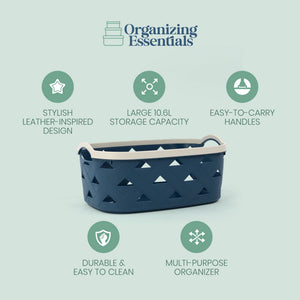 Organizing Essentials Large Plastic Storage Basket with Handles – Blue & Cream Decorative Bin for Bathroom, Kitchen, or Living Room – Designer Leather Pattern Organizer Basket, 10.6L