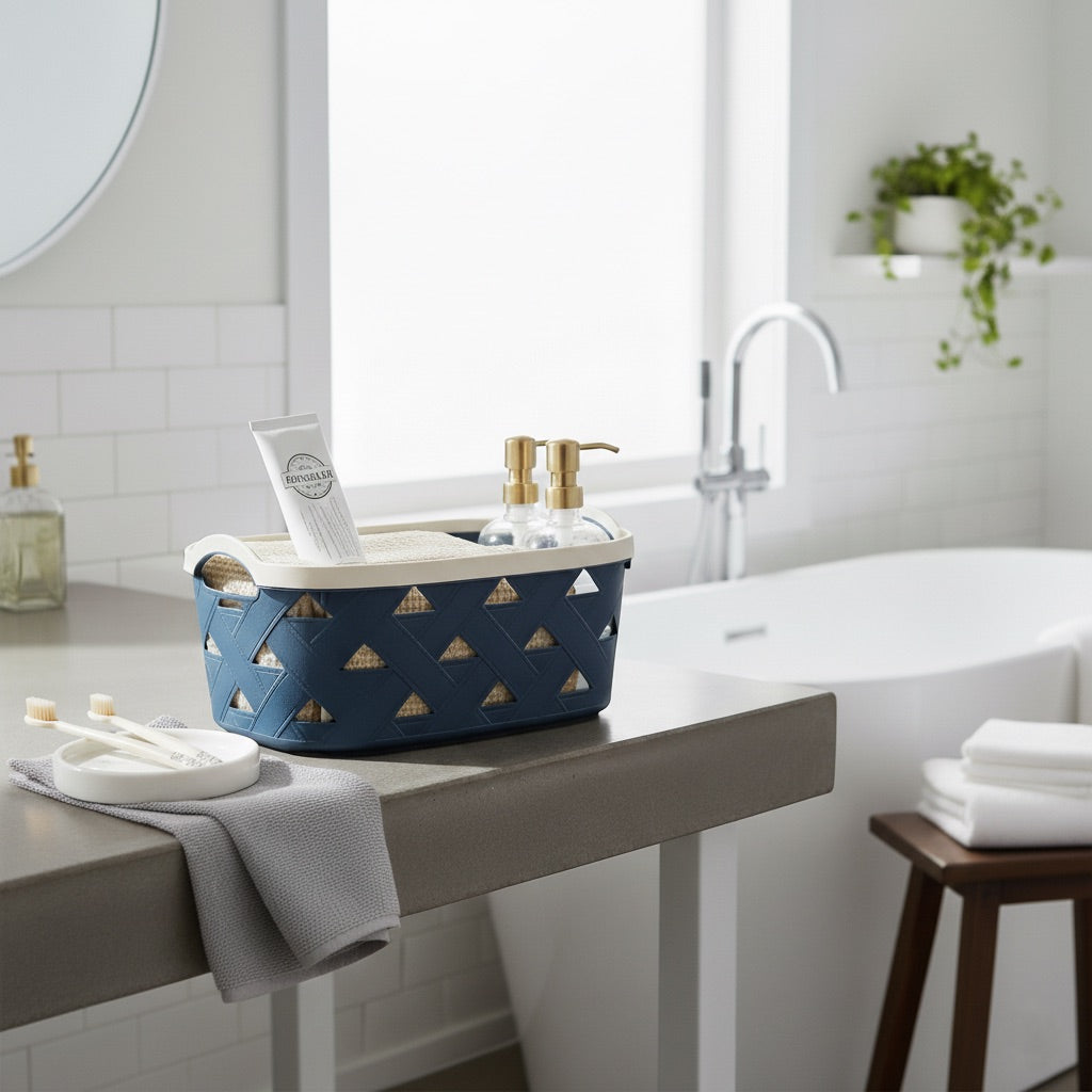 Organizing Essentials Large Plastic Storage Basket with Handles – Blue & Cream Decorative Bin for Bathroom, Kitchen, or Living Room – Designer Leather Pattern Organizer Basket, 10.6L