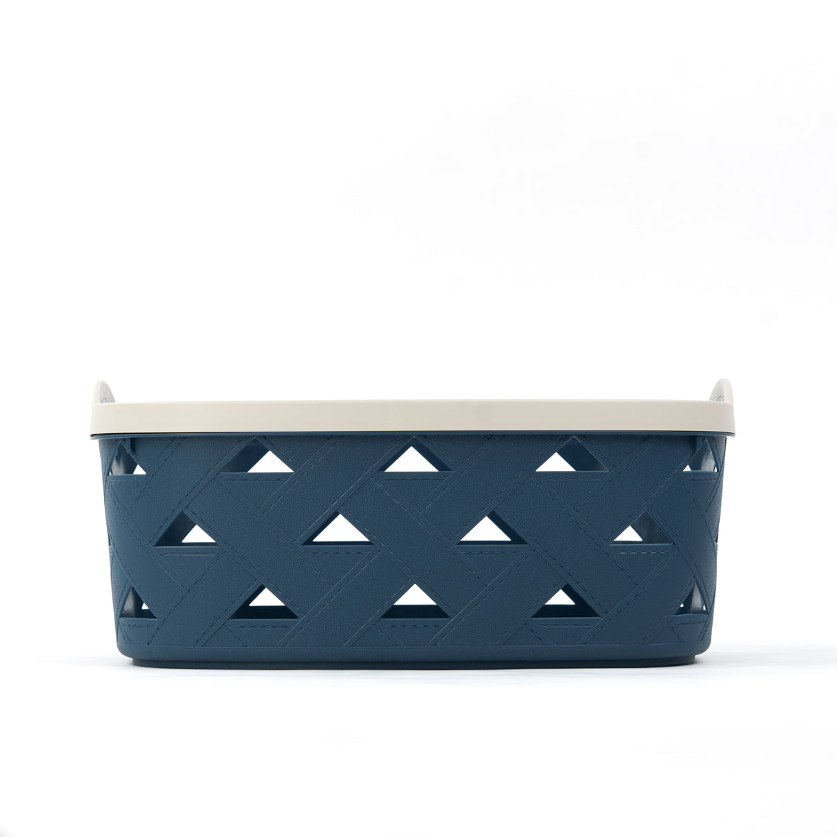 Organizing Essentials Large Plastic Storage Basket with Handles – Blue & Cream Decorative Bin for Bathroom, Kitchen, or Living Room – Designer Leather Pattern Organizer Basket, 10.6L
