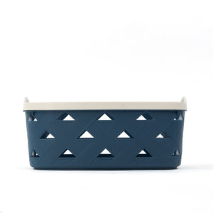 Organizing Essentials Large Plastic Storage Basket with Handles – Blue & Cream Decorative Bin for Bathroom, Kitchen, or Living Room – Designer Leather Pattern Organizer Basket, 10.6L