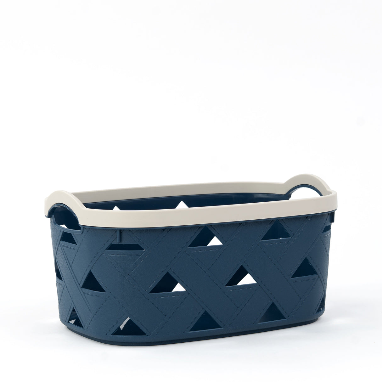 Organizing Essentials Medium Plastic Storage Basket with Handles – Blue & Cream Decorative Bin for Bathroom, Kitchen, or Shelves – Designer Leather Pattern Organizer Basket, 5.8L