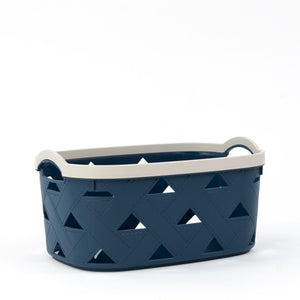 Organizing Essentials Medium Plastic Storage Basket with Handles – Blue & Cream Decorative Bin for Bathroom, Kitchen, or Shelves – Designer Leather Pattern Organizer Basket, 5.8L