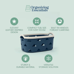 Organizing Essentials Medium Plastic Storage Basket with Handles – Blue & Cream Decorative Bin for Bathroom, Kitchen, or Shelves – Designer Leather Pattern Organizer Basket, 5.8L