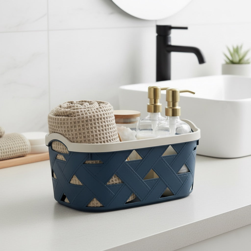 Organizing Essentials Medium Plastic Storage Basket with Handles – Blue & Cream Decorative Bin for Bathroom, Kitchen, or Shelves – Designer Leather Pattern Organizer Basket, 5.8L