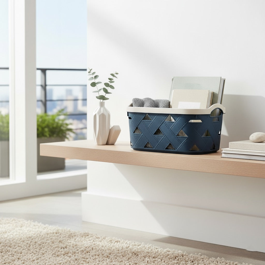 Organizing Essentials Medium Plastic Storage Basket with Handles – Blue & Cream Decorative Bin for Bathroom, Kitchen, or Shelves – Designer Leather Pattern Organizer Basket, 5.8L