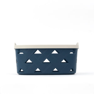 Organizing Essentials Medium Plastic Storage Basket with Handles – Blue & Cream Decorative Bin for Bathroom, Kitchen, or Shelves – Designer Leather Pattern Organizer Basket, 5.8L