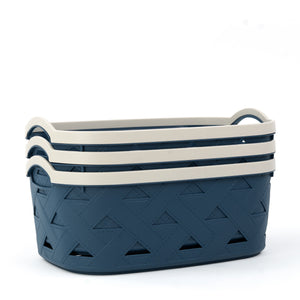 Organizing Essentials Plastic Storage Basket Set of 3 – Blue & Cream Decorative Bins with Handles for Bathroom, Kitchen, or Living Room – Designer Leather Pattern Organizer Baskets, 10.6L Each