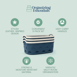 Organizing Essentials Plastic Storage Basket Set of 3 – Blue & Cream Decorative Bins with Handles for Bathroom, Kitchen, or Living Room – Designer Leather Pattern Organizer Baskets, 10.6L Each