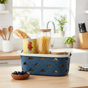 Organizing Essentials Plastic Storage Basket Set of 3 – Blue & Cream Decorative Bins with Handles for Bathroom, Kitchen, or Living Room – Designer Leather Pattern Organizer Baskets, 10.6L Each
