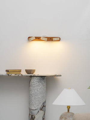 Travertine Stone Wall Sconce with Dimmable LED | Natural Wood Accent for Warm Ambient Glow