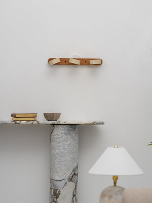 Travertine Stone Wall Sconce with Dimmable LED | Natural Wood Accent for Warm Ambient Glow