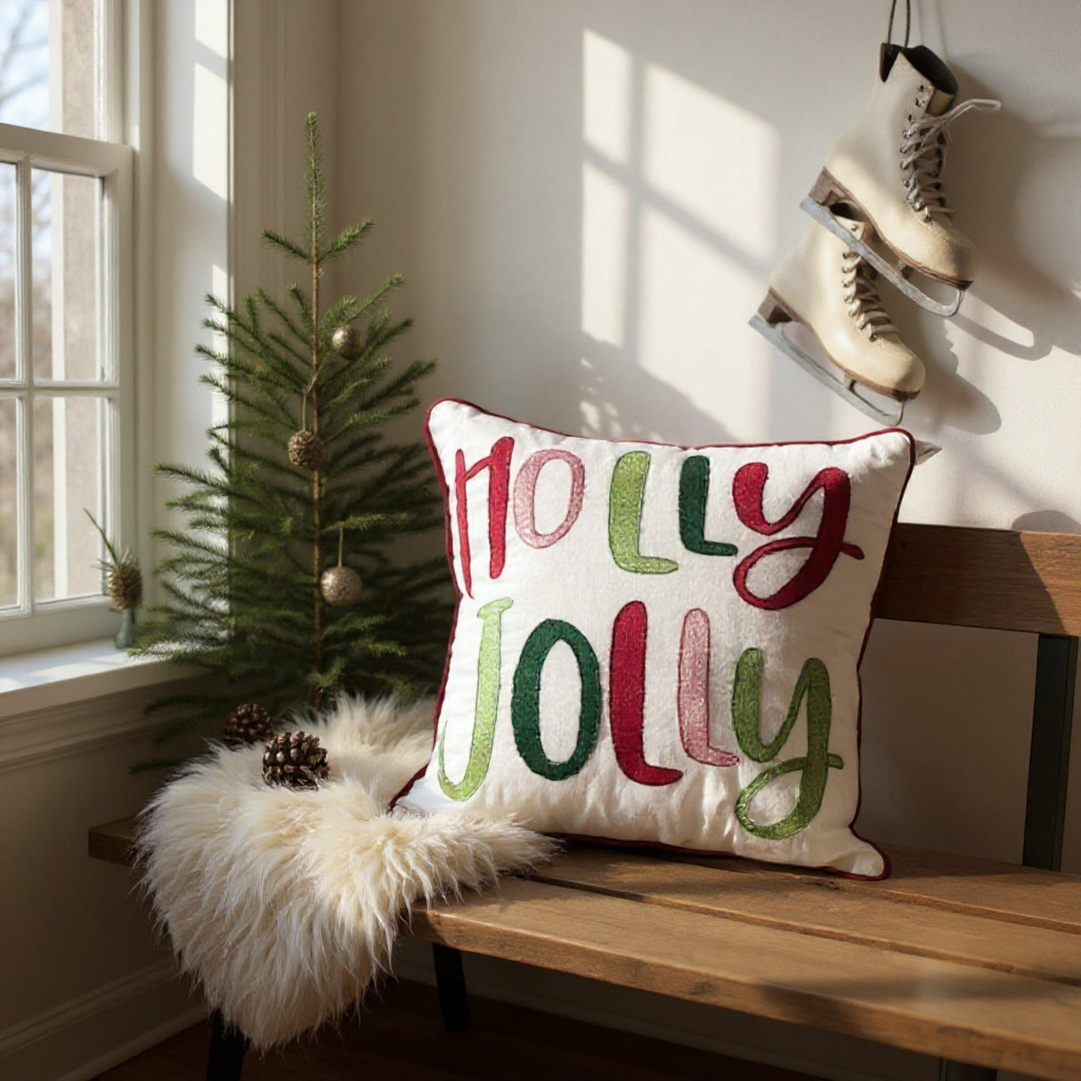Holly Jolly Embroidered Christmas Themed Pillow