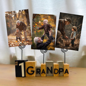 No. 1 Grandpa Wood Photo Frame Holder with Swirl Wire 3.75inch H, Place Card Hoder,Table Picture Stand Table Card Holder, Picture Card Paper Note Photo Clip