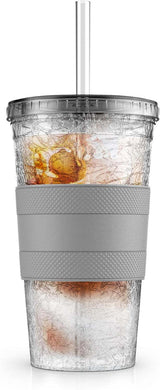 Freezable Iced Coffee Cup with Lid and Straw - Reusable Insulated Ice Tumbler with Grip Sleeve