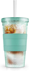Freezable Iced Coffee Cup with Lid and Straw - Reusable Insulated Ice Tumbler with Grip Sleeve