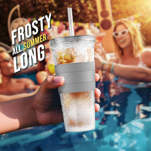 Freezable Iced Coffee Cup with Lid and Straw - Reusable Insulated Ice Tumbler with Grip Sleeve