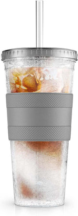 Freezable Iced Coffee Cup with Lid and Straw - Reusable Insulated Ice Tumbler with Grip Sleeve