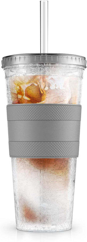 Freezable Iced Coffee Cup with Lid and Straw - Reusable Insulated Ice Tumbler with Grip Sleeve