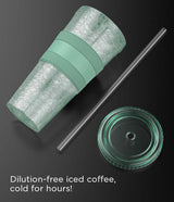 Freezable Iced Coffee Cup with Lid and Straw - Reusable Insulated Ice Tumbler with Grip Sleeve