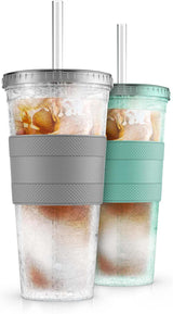 Freezable Iced Coffee Cup with Lid and Straw - Reusable Insulated Ice Tumbler with Grip Sleeve