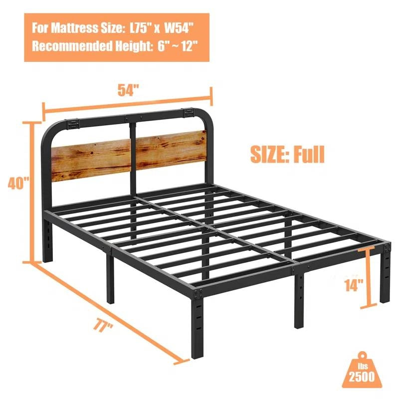 Full size Heavy Duty Black Metal Bed Frame with Solid Wood Panel Headboard