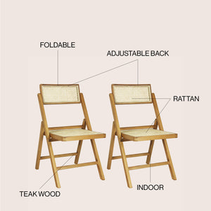 Theo Mid-Century Vintage Wood Rattan Folding Chair with Adjustable Back