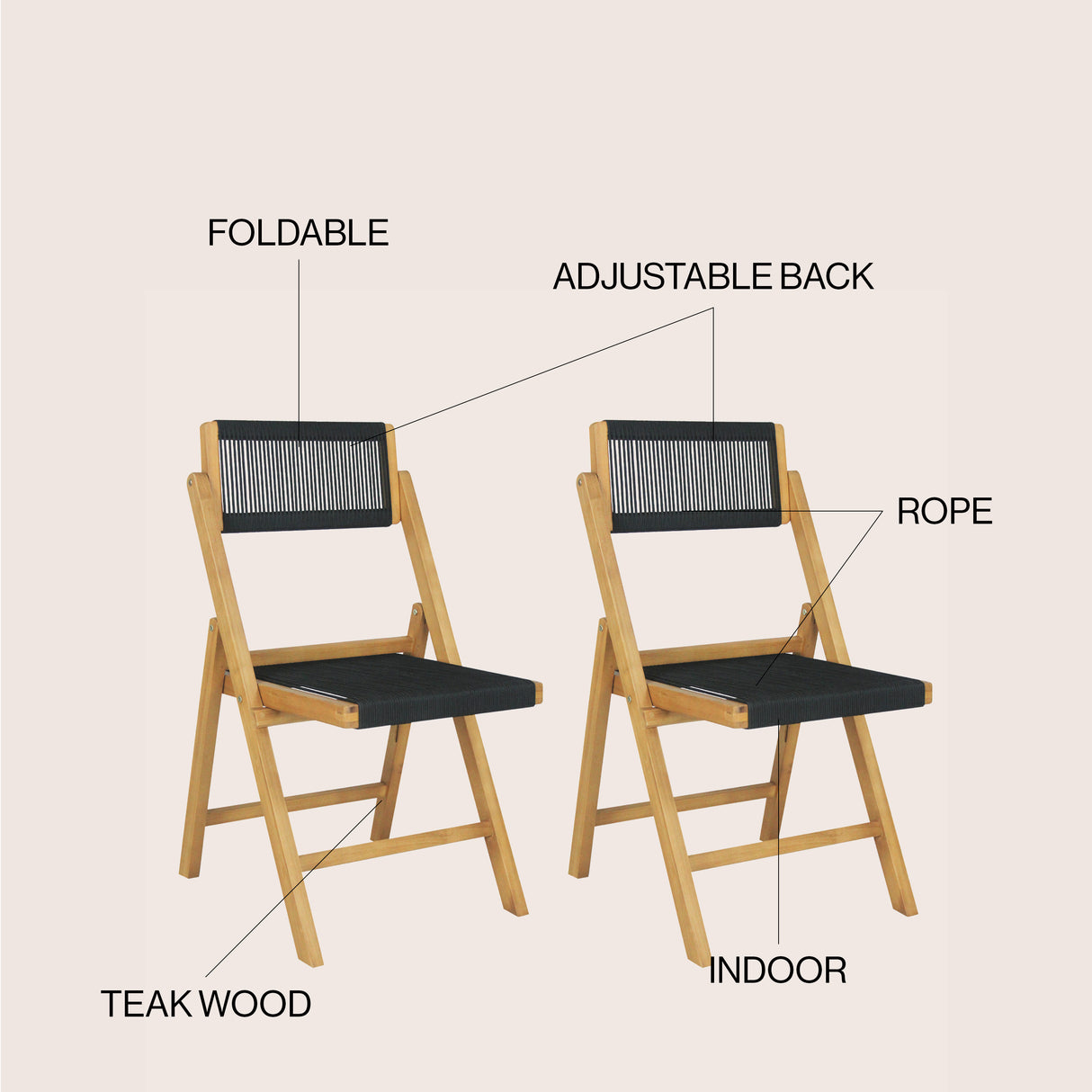 Olivier Coastal Modern Wood Roped Folding Chair with Adjustable Back