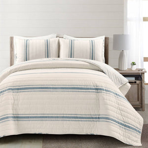 Full/Queen Blue Off-White Stripe 3 Piece Reversible Cotton Quilt Set
