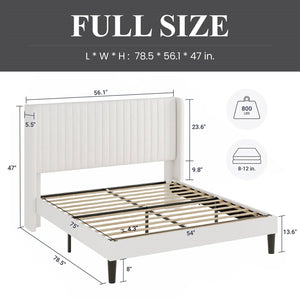 Full size White Velvet Upholstered Platform Bed Frame with Wingback Headboard