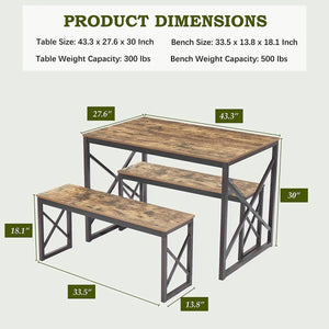 Modern Industrial Wood-Top Kitchen Dining Table Set with 2 Backless Benches