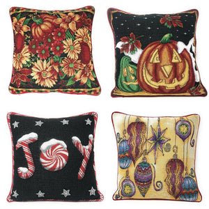 Set of 4 Pieces - Autumn Harvest Halloween & Christmas Ornaments Holiday Tapestry Throw Pillow Covers Bundle Pack - 16" x 16"