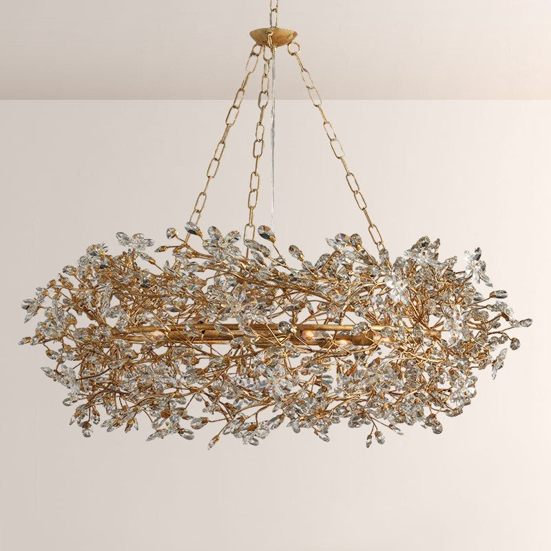 Large Crystal Floral Chandelier Iron Gold Leaf Ceiling Light