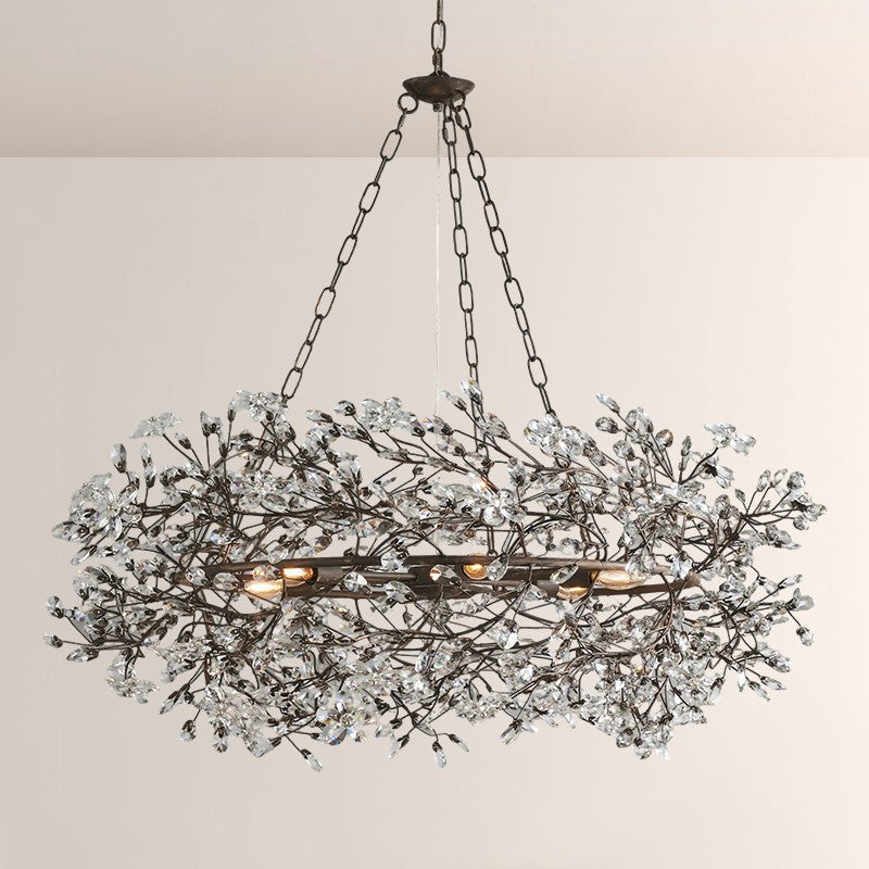 Large Crystal Floral Chandelier Iron Gold Leaf Ceiling Light