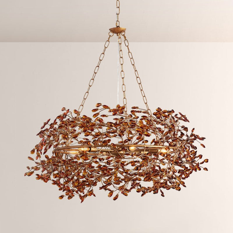 Large Crystal Floral Chandelier Iron Gold Leaf Ceiling Light