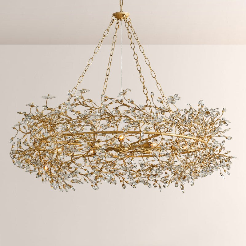 Large Crystal Floral Chandelier Iron Gold Leaf Ceiling Light