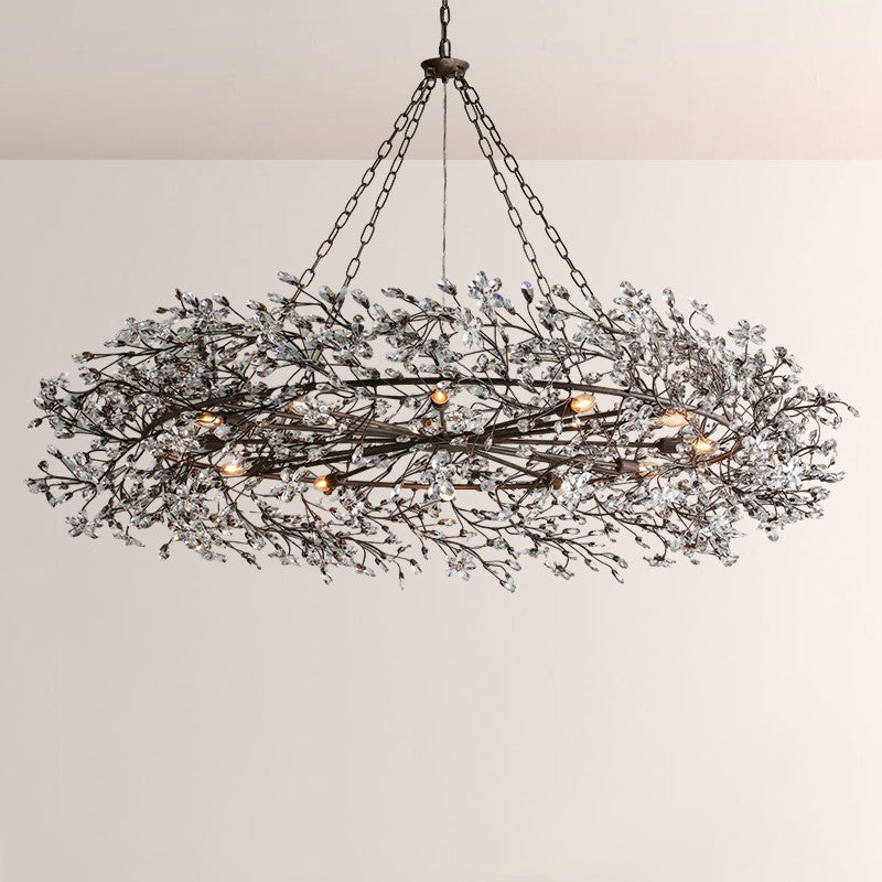 Large Crystal Floral Chandelier Iron Gold Leaf Ceiling Light