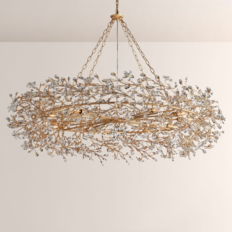 Large Crystal Floral Chandelier Iron Gold Leaf Ceiling Light