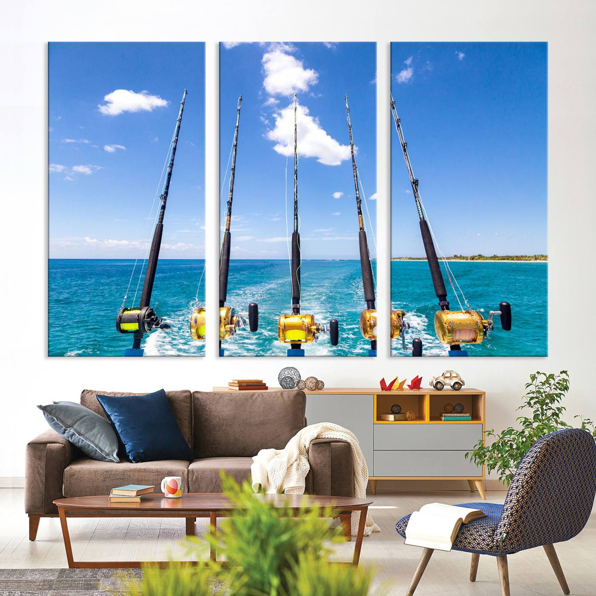 Fishing Roads on Boat Canvas Wall Art Print Ocean Seascape