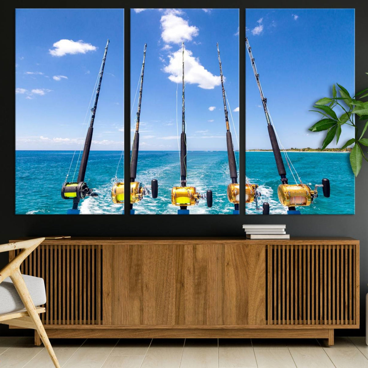 Fishing Roads on Boat Canvas Wall Art Print Ocean Seascape