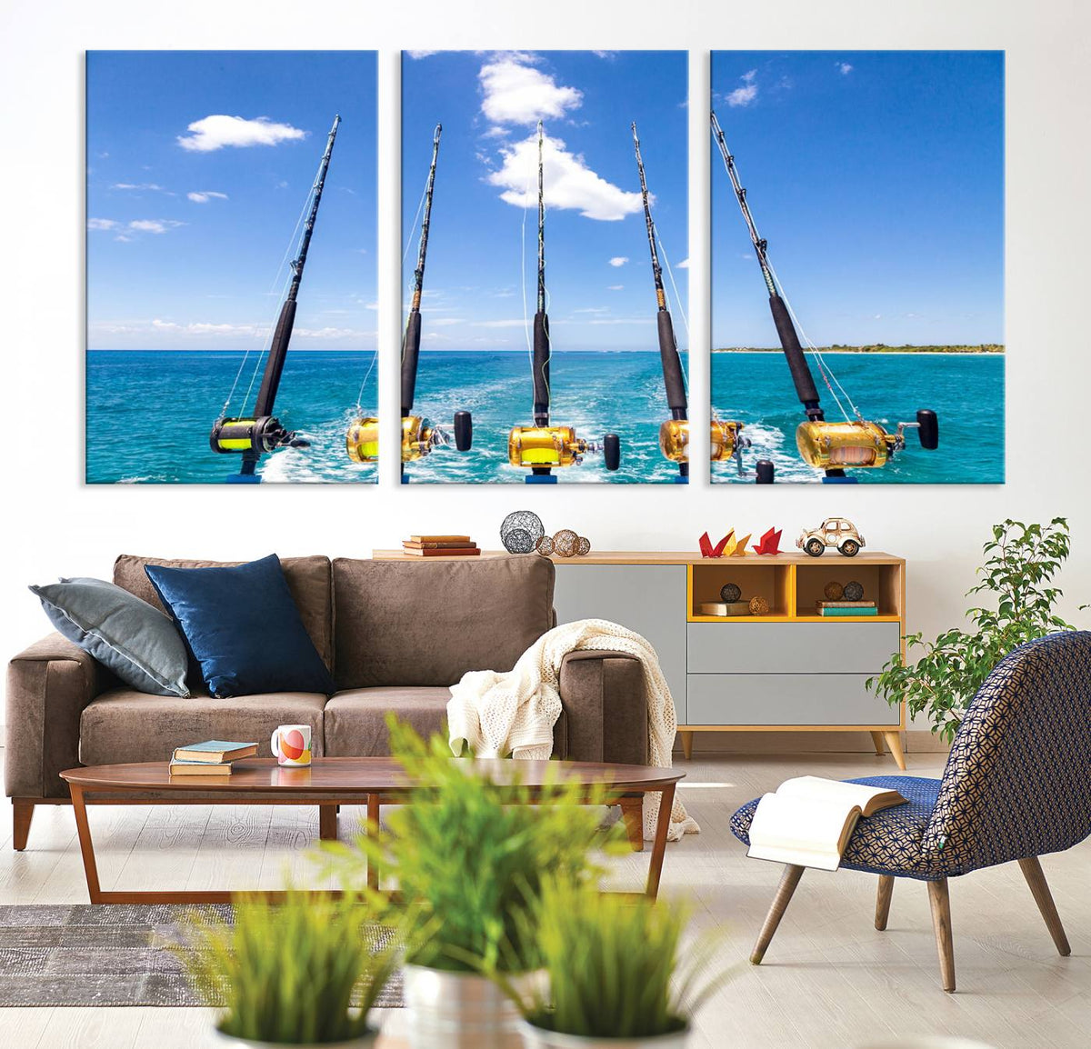Fishing Roads on Boat Canvas Wall Art Print Ocean Seascape