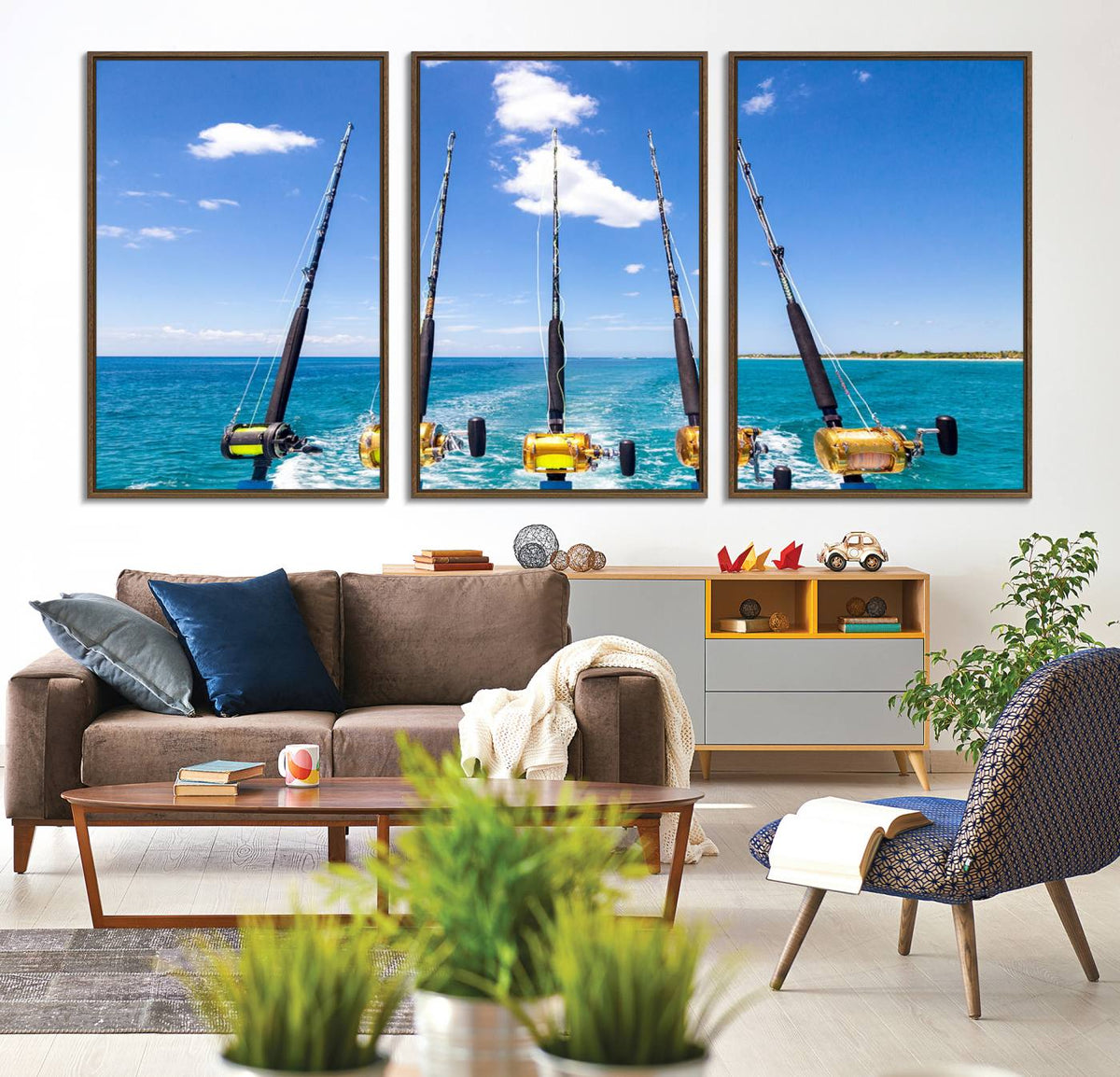 Fishing Roads on Boat Canvas Wall Art Print Ocean Seascape