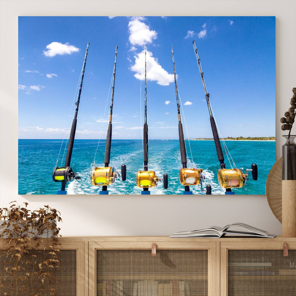 Fishing Roads on Boat Canvas Wall Art Print Ocean Seascape