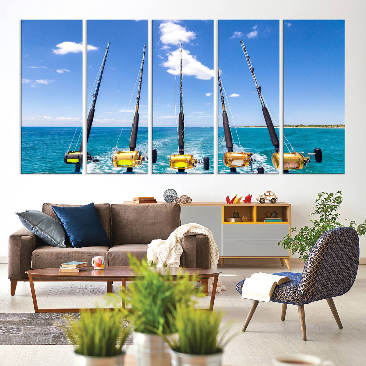 Fishing Roads on Boat Canvas Wall Art Print Ocean Seascape