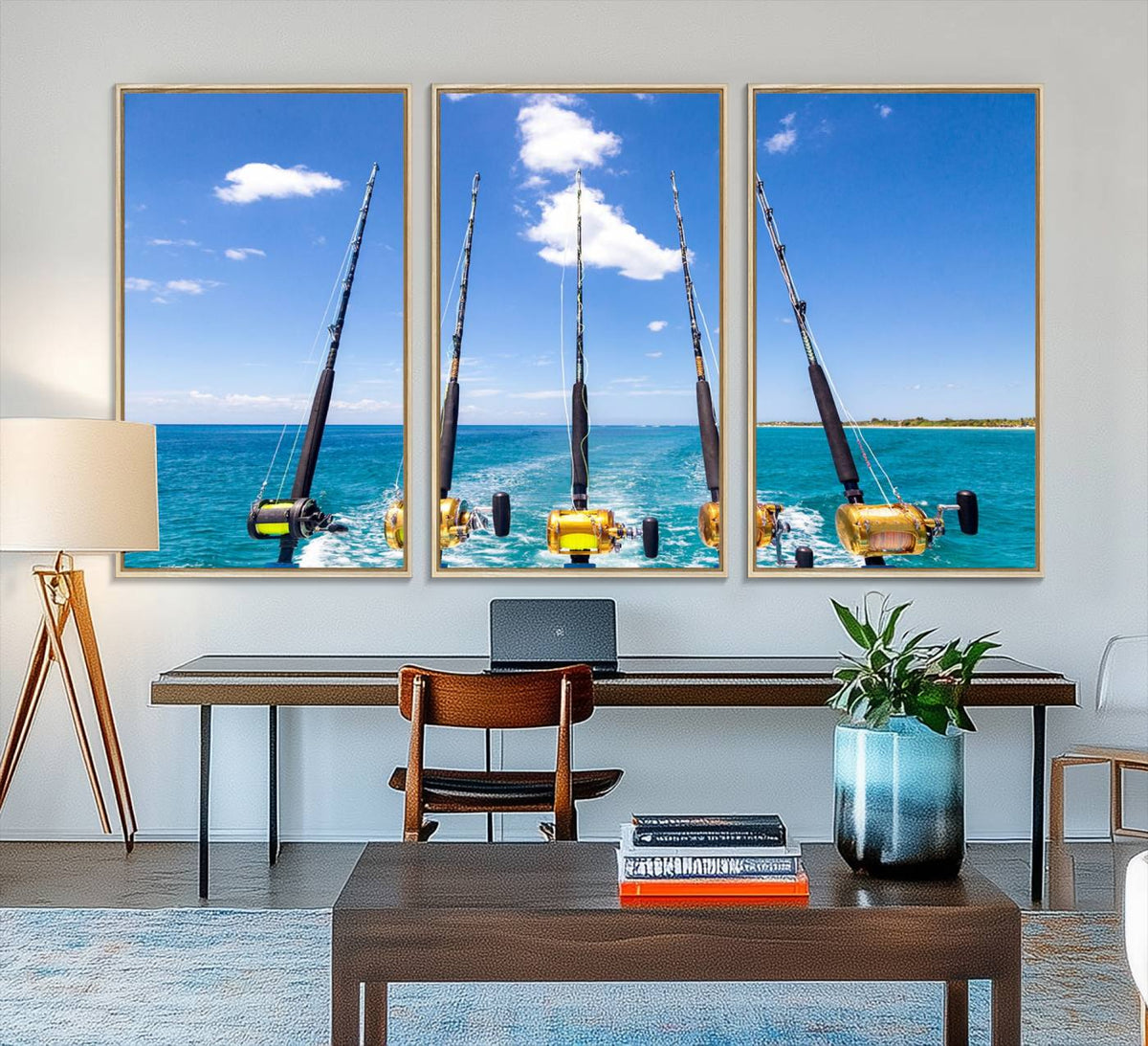 Fishing Roads on Boat Canvas Wall Art Print Ocean Seascape