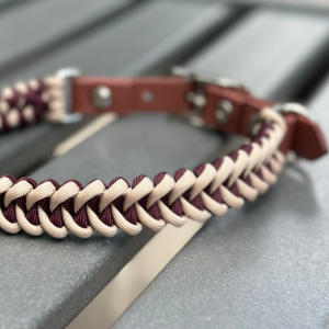 Fishtail Hand Braided Dog Collar in Burgundy & Cream