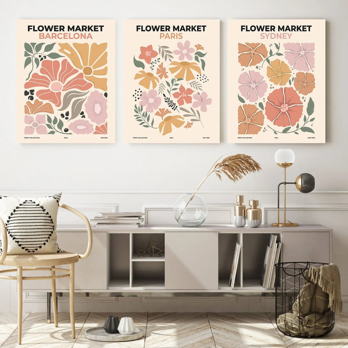 Flower Market Wall Art Set | 3-Panel Barcelona, Paris,