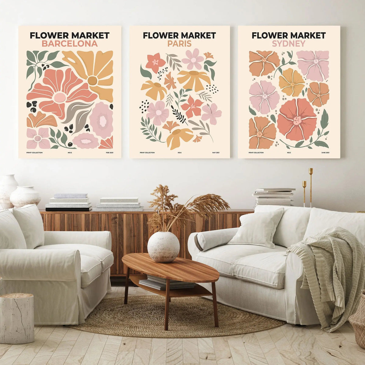 Flower Market Wall Art Set | 3-Panel Barcelona, Paris,