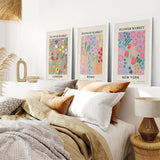 Boho Flower Market Set of 3 Posters. New York, London, Rome